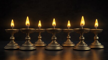 Brass oil lamps glowing in a dark setting