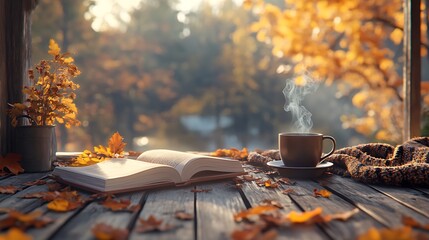 A rustic wooden terrace featuring a steaming cup of coffee, an open book, and a blanket, with scattered autumn leaves. The warm light of late afternoon adds a golden glow to the scene,