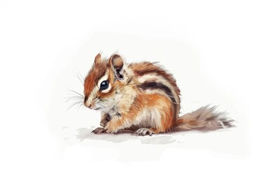 A chipmunk sits on the ground, looking around