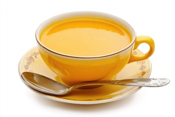 A bowl of hot soup served with a spoon on a saucer, perfect for comfort food or daily meals