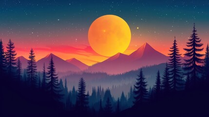 Moon and mountain silhouette landscape outdoors.
