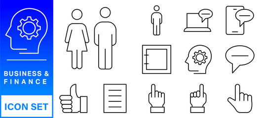 Business and finance editable stroke line icon set with money, bank, check, law, auction, exchance, payment, wallet, deposit, piggy, calculator, web and more isolated outline thin symbol