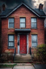 A classic red brick house with a bright red front door, surrounded by greenery