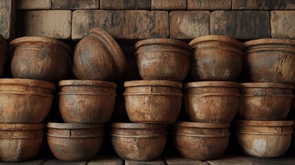 Fototapeta premium Stacked wooden bowls, rustic texture