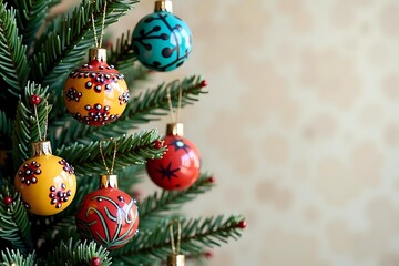 Traditional Mexican holiday decorations on a Christmas tree, featuring handmade ornaments with vibrant colors, creating a warm glow and cozy ambiance, with copy space on the right