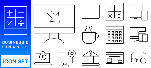 Business and finance editable stroke line icon set with money, bank, check, law, auction, exchance, payment, wallet, deposit, piggy, calculator, web and more isolated outline thin symbol