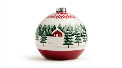 decorative Christmas ornament featuring snowy landscape with trees and cabin