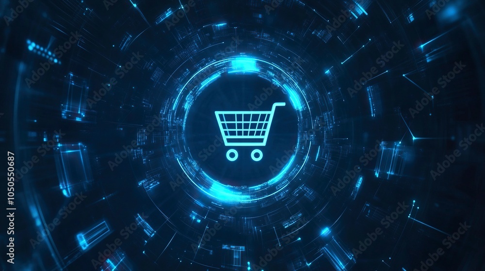 Poster abstract blue digital background with shopping cart icon on circular glowing line in the center gene