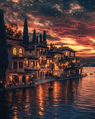 Naklejka premium Historic town by the river at sunset. Generative AI image