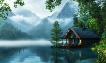 Obraz premium Serene lakeside cabin surrounded by misty mountains. Generative AI image