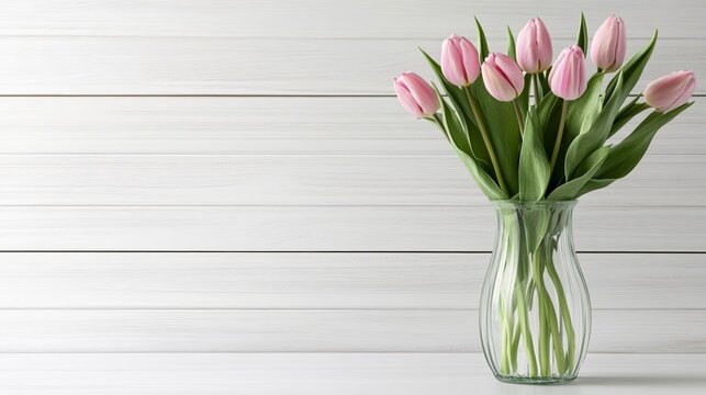 Delicate spring tulips in a vertical glass vase, clean white wooden surface, tranquil floral setting