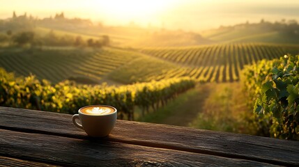 A single espresso shot placed on a rustic terrace table, with a panoramic view of vineyards stretching into the horizon. The terrace railing frames the scene,