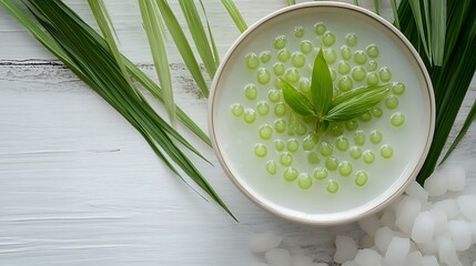 Thai green tapioca pearls in coconut milk with a fresh pandan leaf garnish