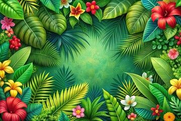Obraz premium Panoramic floral wallpaper featuring tropical plants with bright green flowers and grass leaves