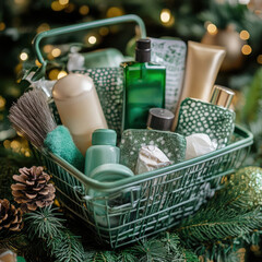 Eco friendly products in green shopping basket for sustainable living