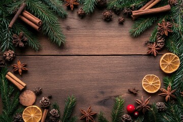 Festive arrangement of christmas spices, fir branches, and dried orange slices forming a border on a rustic wooden background