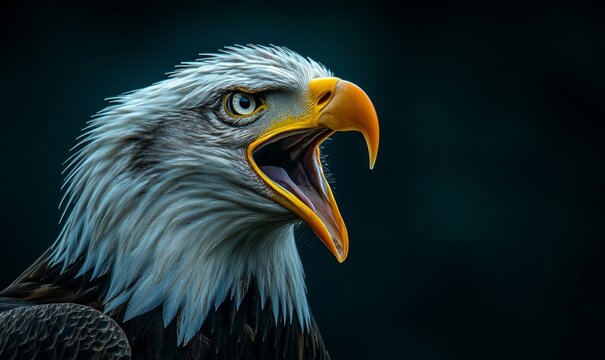 Majestic bald eagle portrait with open beak against a dark background, showcasing the fierce beauty and strength of this iconic bird of prey, Generative AI