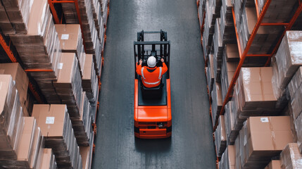 Efficient employee driving forklift through warehouse, ensuring safety