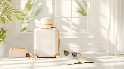 
3D travel essentials laid out with luggage standing upright, hat resting on top, map open on the floor, and sunglasses nearby, clean and clear design, free text, cute style,