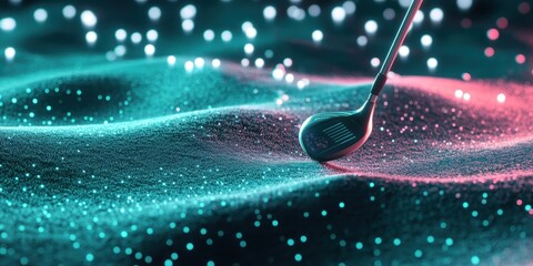 Close-up of golf club and ball on green. Generative AI image