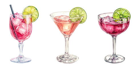 A set of watercolor cocktails in glass glasses decorated with a slice of lime png. A variety of cocktail drinks with ice and a straw decorated with a piece of lime. Bar elements.