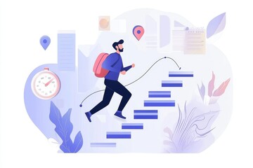 Businessman Running on Milestone Roadmap - Project Timeline Steps to Success, Progress Workflow Achievement Concept Illustration, Generative AI