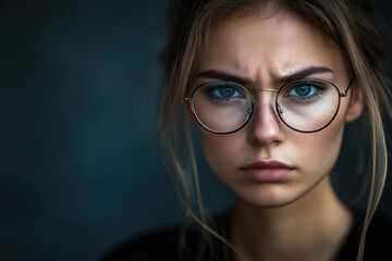 Fototapeta premium A woman wearing glasses and a black shirt, focused on something