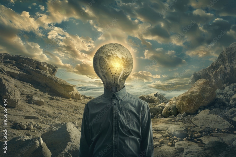 Poster a person holding a light bulb overhead, possibly solving a problem or having an epiphany