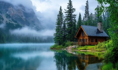 Fototapeta premium Serene lakeside cabin surrounded by misty mountains. Generative AI image