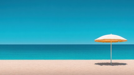 Yellow beach umbrella casting a shadow on pristine sand under a clear blue sky, AI