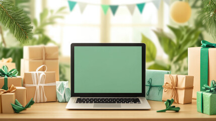 Naklejka premium laptop on table surrounded by gift boxes creates festive atmosphere