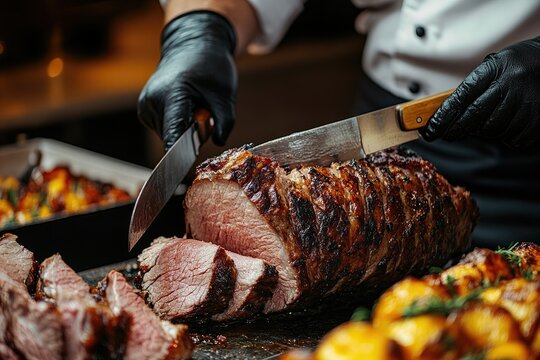 Close-up of a meat carving station at a buffet, with a chef slicing roasted meat in front of guests, under warm lighting that highlights the rich textures
