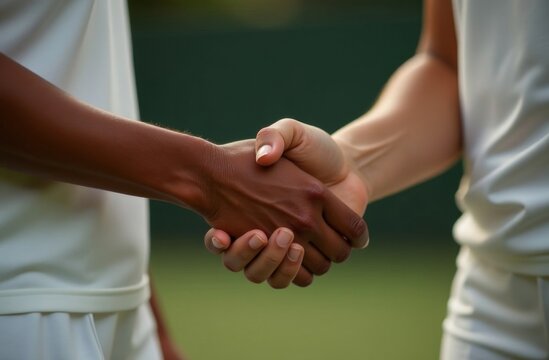 Two tennis players in sportswear shaking hands with each other