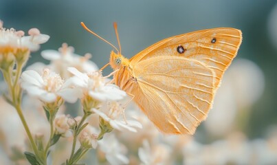 Obraz premium Tender Peach Fuzz Butterfly Resting on White Flowers with Minimal Background in Modern Trendy Hue for Spring and Nature Concepts, Generative AI