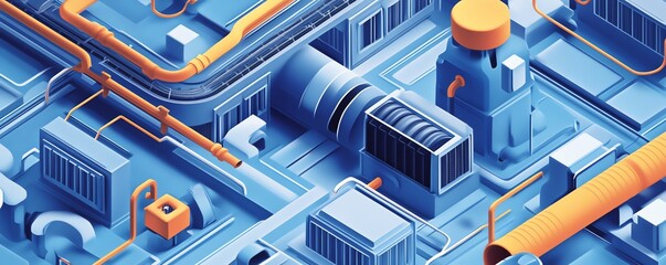 3D blueprint, intricate ventilation system layout, flat design illustration