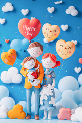 A happy family gathered together with balloons