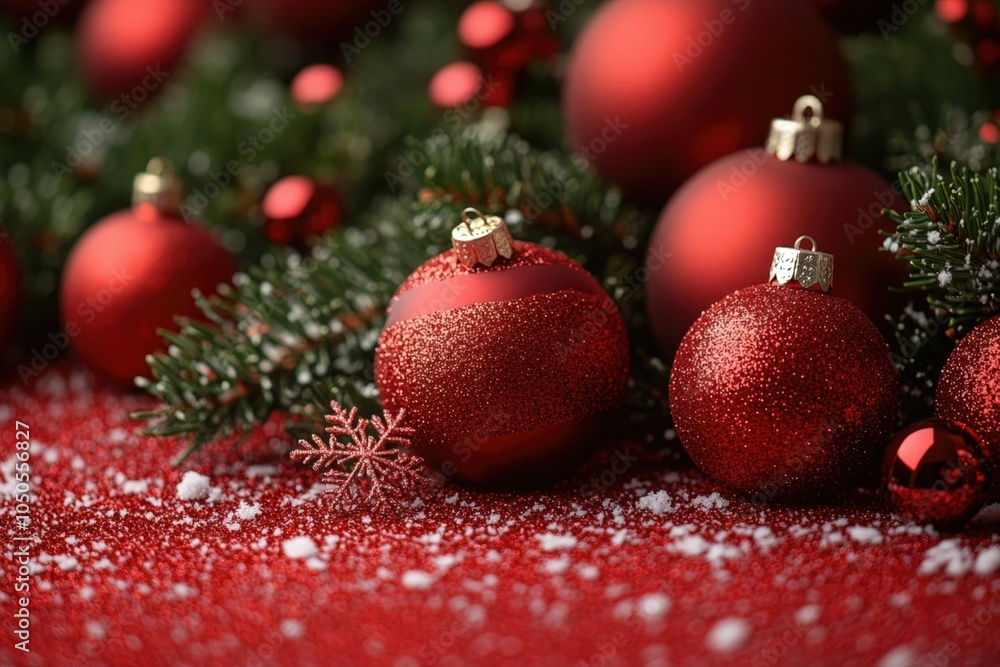 Poster shiny red baubles and pine branches lie on a sparkling red surface with a dusting of snow, evoking c