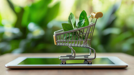 Shopping cart with leaves on tablet screen