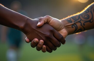 Two football players in sportswear shaking hands
