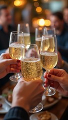 A group of people raising their champagne glasses for a toast at a festive celebration, symbolizing joy, success, and social gatherings. The image highlights celebration and shared moments.