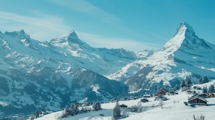 A serene view of the Swiss Alps with snow-covered peaks and charming alpine villages under a clear winter sky, mountainous setting with classic winter charm, Winter style