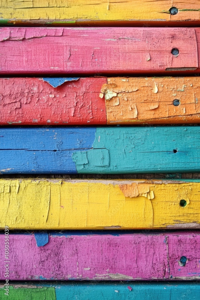 Poster close-up view of a colorful wooden wall with intricate details and patterns