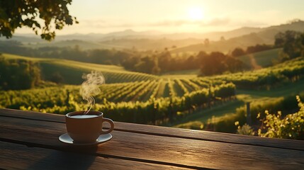 Fototapeta premium A steaming espresso cup on a wooden terrace with the railing in sight, overlooking a scenic vineyard landscape. The rolling green hills stretch into the distance under a warm sunset,