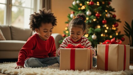 Beautiful afroamerican children on the blurred interior of Christmas interior