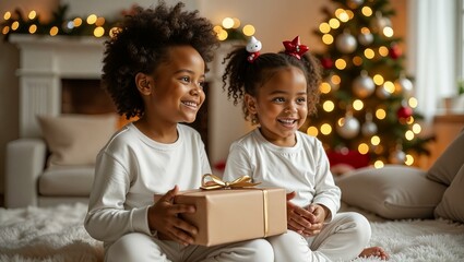 Beautiful afroamerican children with gifts in modern light Christmas interior