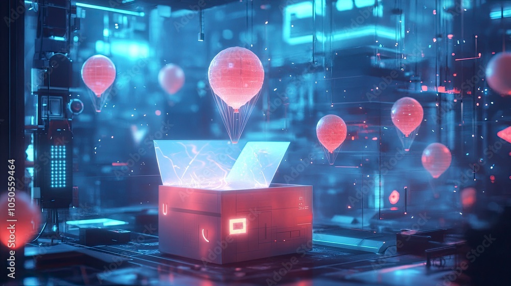 Poster an open box glowing with a soft, ethereal light, with airdrop reward balloons similar to the provide