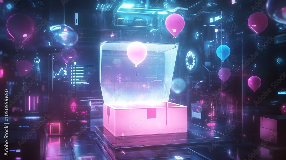 Poster an open box glowing with a soft, ethereal light, with airdrop reward balloons similar to the provide