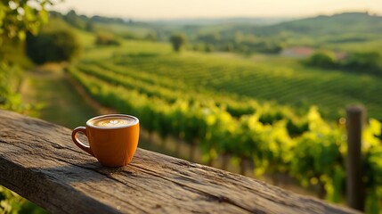 A tiny espresso cup on a wooden terrace with a scenic backdrop of rolling vineyards. The terrace railing adds structure to the composition,