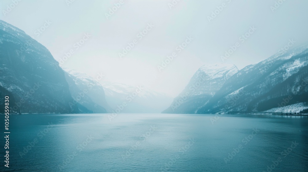 Poster a serene view of the tranquil fjords and snow-capped peaks of norway with misty waters and rugged te