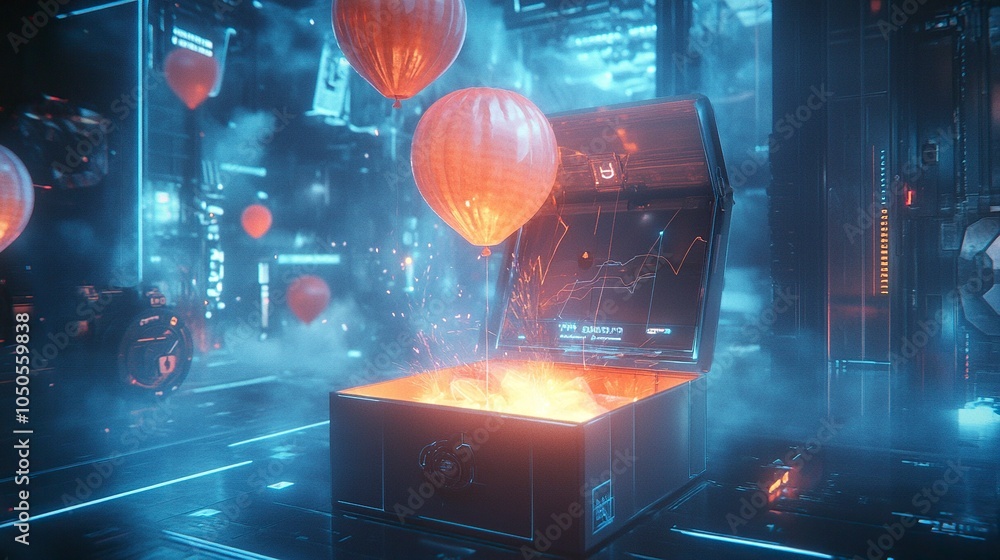 Poster an open box glowing with a soft, ethereal light, with airdrop reward balloons similar to the provide